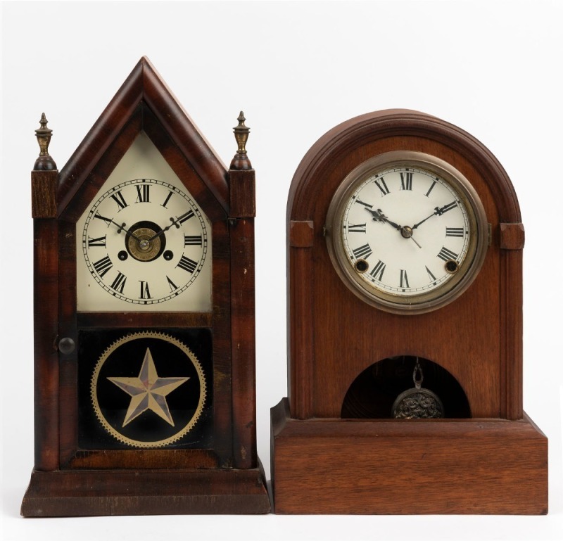 JEROME "Small Gothic" 30 hour alarm steeple clock, together with an American domed top timber mantel clock, 19th century, (2 items), ​​​​​​​39cm and 34cm high