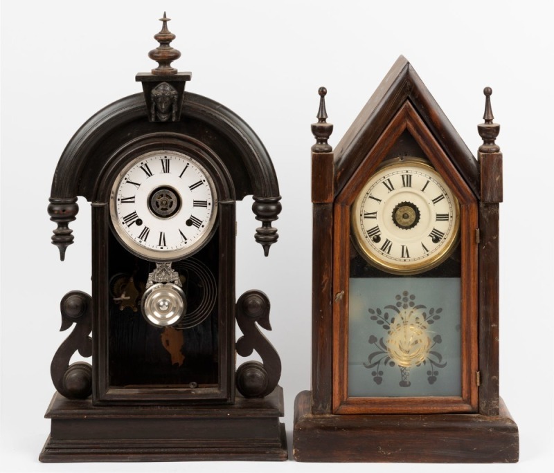 Two American mantel clocks in timber cases, as is condition (incomplete), 19th century, ​​​​​​​54cm and 61cm high