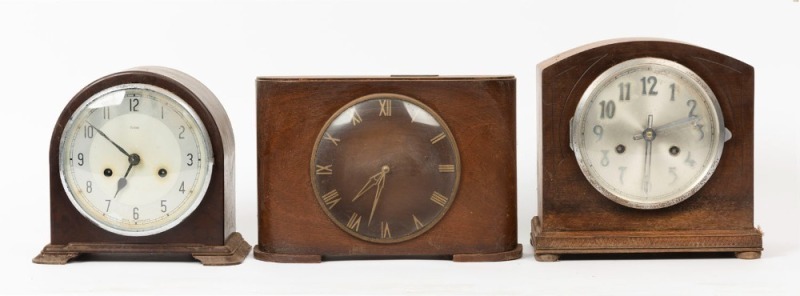 Three vintage clocks including two with timber cases and one with bakelite case, 20th century, ​​​​​​​the largest 23cm high