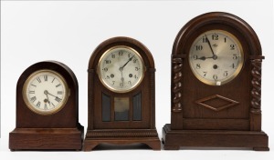 Three vintage mantel clocks in square domed timber cases, early to mid 20th century, ​​​​​​​the largest 37cm high