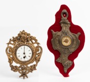 Two antique wall clocks with time only movements in gilt metal cases, one on plush board, American and French, 19th century, 42cm and 28cm high
