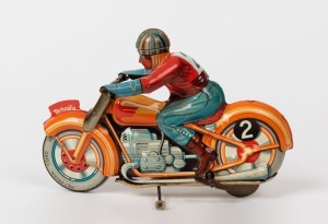 TECHNOFIX (FRANCE): wind-up tin lithograph 'GE255' 'Trick' Motorcycle (turns in circle when wound up), with key; length 19cm; c.1940s.