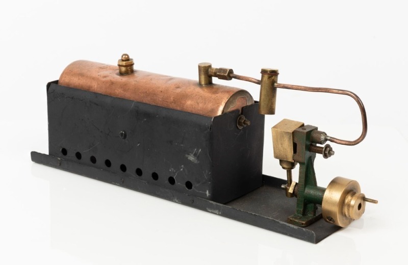  STATIONARY STEAM ENGINE: scratch built, constructed from brass, copper, and pressed metal; length 26cm, early 20th century.