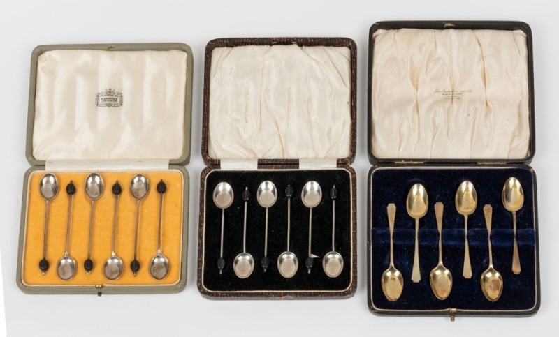 BOXED SETS OF SILVER TEASPOONS/COFFEE SPOONS: comprising 1914 for Maxfield & Sons (Sheffield) in Harrod's presentation case, 1920 gilded set for Thomas Bradbury & Sons (Sheffield), 1928 for Marson & Jones (Birmingham); early 20th century. (3 sets)