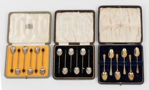 BOXED SETS OF SILVER TEASPOONS/COFFEE SPOONS: comprising 1914 for Maxfield & Sons (Sheffield) in Harrod's presentation case, 1920 gilded set for Thomas Bradbury & Sons (Sheffield), 1928 for Marson & Jones (Birmingham); early 20th century. (3 sets)