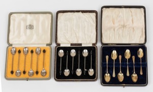 BOXED SETS OF SILVER TEASPOONS/COFFEE SPOONS: comprising 1914 for Maxfield & Sons (Sheffield) in Harrod's presentation case, 1920 gilded set for Thomas Bradbury & Sons (Sheffield), 1928 for Marson & Jones (Birmingham); early 20th century. (3 sets)