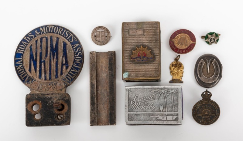 BADGES & BOXES: eclectic mostly military related group, Australian Commonwealth Military Forces matchbox cover, trench-art aluminum matchbox cover made from part of Japanese Mitsubishi Zero aeroplane, AIF 'Returned From Active Service' badge, IFB Auxillar