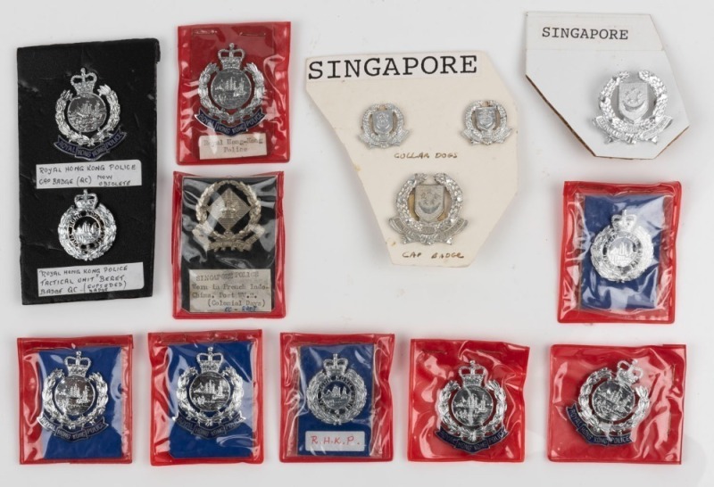 ROYAL HONG KONG POLICE: Cap Badges (6) and Beret Badges (3); also Singapore Police cap badges (2) and collar badges (2); also a Singapore police badge worn in French Indo-China in late 1940s. (14 items).