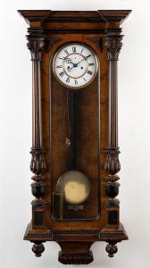 Vienna Regulator twin weight walnut cased wall clock with Roman numerals and enamel dial, 19th century, ​​​​​​​120cm high