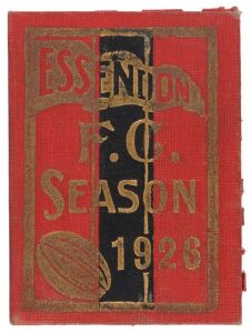 ESSENDON: 1926 Member's Season Ticket, with Fixture List & holes punched for each game attended. Very good condition overall with only minor wear to the cover. Essendon finished 4th on the VFL ladder, losing to by Melbourne by 3pts in the Preliminary Fin