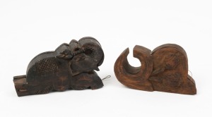 Two sets of antique Burmese opium scales with carved timber cases, 15cm and 14cm wide
