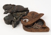 Two sets of antique Burmese opium scales with carved timber cases, ​​​​​​​15cm and 14cm wide - 2