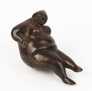 A vintage bronze statue of an inverted plump lady, early to mid 20th century, ​​​​​​​16cm high