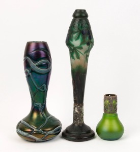 LOETZ Bohemian Art Nouveau iridescent green glass vase, DAUM French cameo glass lamp base signed "DAUM, NANCY" A/F, together with a metal mounted green glass vase, 19th/20th century, (3 items), the Daum cameo glass 32cm high