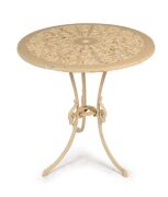 A reproduction circular cast iron garden table with cream painted finish, late 20th century, 61cm high, 55cm diameter