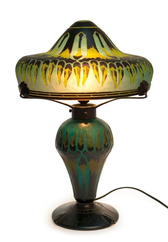 SCHNEIDER Art Deco cameo glass table lamp and shade with hand made wrought-iron gallery, early 20th century, engraved signature to base with pictorial amphora mark, 42cm high