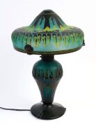 SCHNEIDER Art Deco cameo glass table lamp and shade with hand made wrought-iron gallery, early 20th century, engraved signature to base with pictorial amphora mark, 42cm high - 4