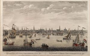 PETER VAN RYNE (1712 - 1760), General View of the City of Amsterdam from the Tye, [Published: 1752, London, by Overton & Sayer], copper plate engraving with hand colouring, 25 x 39cm (plus margins); together with the matching view: A View of the River Ams