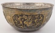 Antique Vietnamese silver finished presentation bowl, Northern Vietnam, Nguyen Dynasty, 19th century. The body finely decorated in repousse with four cartouches containing Buddhist symbols. The lid centre with shou character (longevity) surrounded by four - 5