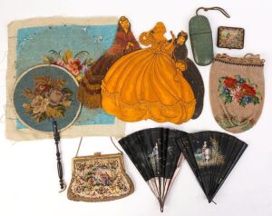 Antique fans, face screen, tapestry purses, antique beadwork bag, crinoline lady folk art cut out and a tapestry, 19th and 20th century (9 items)