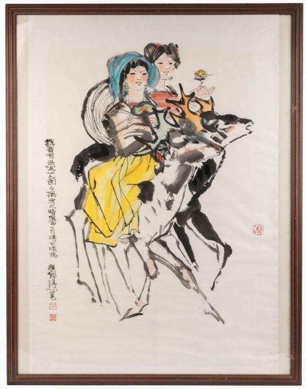 ARTIST UNKNOWN (Chinese School, 20th century), (two women riding reindeer), watercolour on paper, 132 x 103cm overall