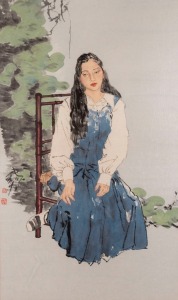 ARTIST UNKNOWN (Chinese School, 20th Century), (portrait of seated girl in blue dress), watercolour on paper, 100 x 59cm, 145 x 92cm overall
