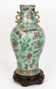 An antique Chinese famille rose on celadon porcelain vase (A/F), with wooden stand, 19th century, ​​​​​​​55cm high