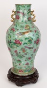 An antique Chinese famille rose on celadon porcelain vase (A/F), with wooden stand, 19th century, ​​​​​​​55cm high - 2