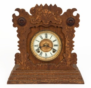 ANSONIA "Petworth" American oak cased shelf clock with 8 day time and strike movement, late 19th century, bearing original paper label, ​​​​​​​36cm high