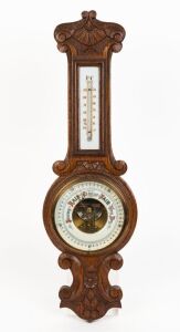 An antique English banjo barometer in walnut case, 19th century, 59cm high