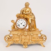 An antique French gilt metal figural mantel clock with 8 day time and strike movement and Roman numerals, 19th century, (note: has been refinished), ​​​​​​​40cm high