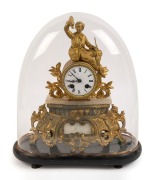 A French gilt metal and white marble figural mantel clock with time and strike movement and Roman numerals in a glass dome with base (ill-fitting), 19th century, ​​​​​​​40cm high overall