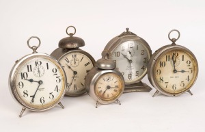 Five antique and vintage nickel cased alarm clocks, English and American, 19th and 20th century, ​​​​​​​ the largest 17cm high overall