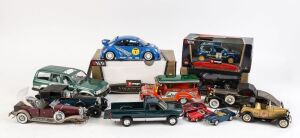 DIE CAST MODEL CAR ASSORTMENT with boxed BURAGO 1:24 Volkswagen 1998 New Beetle & 1998 Golf Rally and Gold Collection 1:18 New Beetle Cup 2000; also unboxed 1:24 FRANKLIN MINT 1930 Duesenberg Derham Tourer and  1929 Rolls-Royce Phantom I Cabriolet de Vill