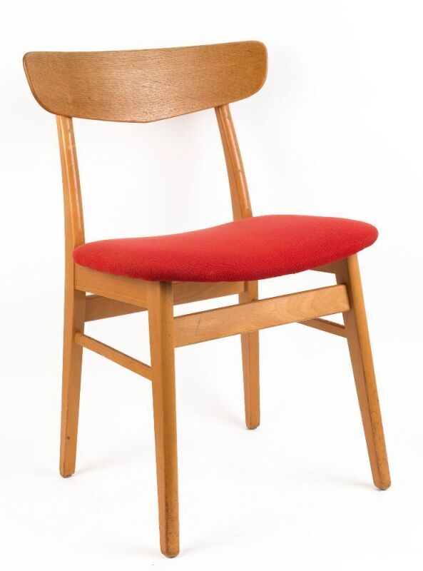 A set of eight Danish spadeback dining chairs, oak and beech with red upholstered seats, circa 1960s