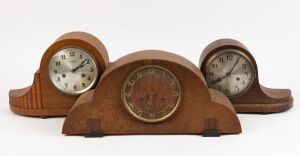 Three vintage timber cased mantel clocks, early to mid 20th century, ​​​​​​​the largest 22cm high, 42cm wide