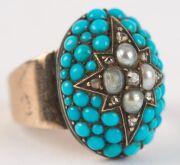 A Georgian gold ring pave set with turquoise, diamonds and seed pearls, early 19th century, ​​​​​​​9.8 grams total - 2