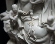 Blanc de chine Chinese porcelain statue of a Buddha surrounded by boys 19th/20th century,square seal mark to back,24.5cm high  - 6