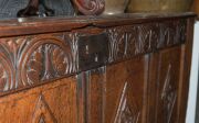 Elizabethan antique English oak monk's coffer with original iron lock, shackle hinges and carved front, late 16th century, 76cm high, 154cm wide, 60cm deep - 5