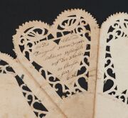 GERMAN SCHERENSCHNITTE LIEBESBRIEFE: cut paper decorated love letter, divided into 8 hearts with turtle doves above, with a central circular message area; 36cm diameter, dated 1780. - 4