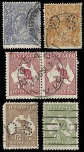 2 s/books with a smattering of 'Roos & KGV heads incl. varieties, shades & inverted wmks, noted 1d red 'Roo top marginal pair with double perfs**. A s/book with a used decimal collection. Bags of loose & on piece Aust. and world stamps. "Aust. Postmarks &