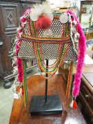 AKHA 'PHAMI' HEADDRESS: Made from Yunnan "Dragon" coins, 19th century Burmese glass beads, hand-made silver moon-shaped buttons, chains, pendants, tassels; gibbon fur; red-dyed chicken hackles and horsehair. circa 1930s. - 6