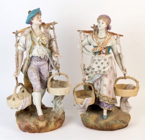 A pair of antique Continental porcelain statues of peasants, most likely Bohemian, 19th century, A/F, 61cm and 65cm high