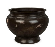 An antique Japanese bronze jardiniere inlaid with flying silver cranes and moon, Meiji Period, 19th/20th century, engraved in the moon "To Trissie From Allen, 5/4/22", ​​​​​​​28cm high, 35cm diameter - 3