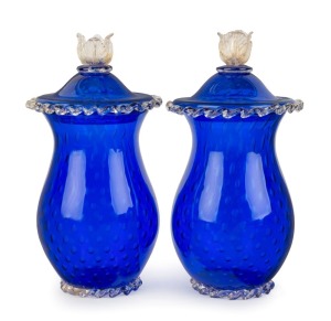 BAROVIER & TOSSO pair of blue Murano glass lidded urns, circa 1950s, ​​​​​​​30cm high