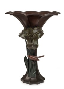ZUI SHO Japanese bronze vase with bird and iris decoration, 20th century, two character mark to base, ​​​​​​​40cm high, 31cm wide