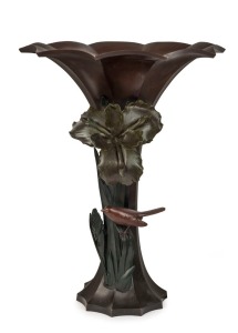 ZUI SHO Japanese bronze vase with bird and iris decoration, 20th century, two character mark to base, 40cm high, 31cm wide