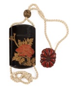 A fine Japanese black lacquered inro&nbsp;with decorative metal&nbsp;ojime&nbsp;and red lacquered netsuke, Meiji period, the inro&nbsp;8.5cm high
