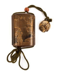 A stunning Japanese black urushi lacquer ware inro with gold nashiji flake interior, agate ojime and carved figural ivory netsuke, by MEI OTOYUKI, Edo Period, 19th century. Beautifully adorned with scene of KAZUSUE KAJIWARA the warrior who fought in the Genji camp depicted on one side with a plum branch in his quiver, and on the reverse he is bearing a pennant. The words "Genpai Gassen" on the body represent the Genji war in 1184. The inro 8.5cm high