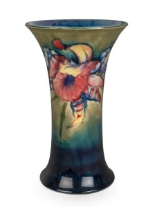 MOORCROFT "ORCHID" English pottery vase with celadon green and blue ground, circa 1930, impressed "Moorcroft, Made In England, Potter To H.M. The Queen" with blue underglaze signature, ​​​​​​​26cm high, 16cm wide